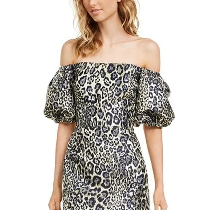 Quick-Trip Party Dress -Aidan Mattox Women's Animal Print Pouf Off Shoulder Short Cocktail Sheath Dress Black Size 8