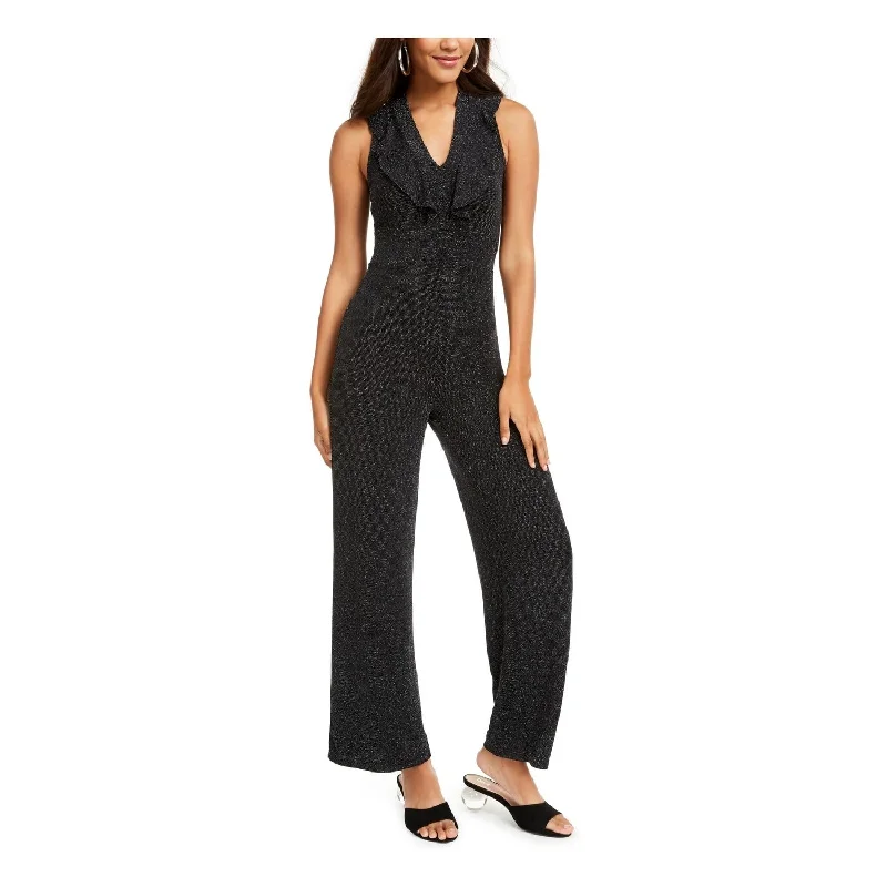 V-Back Party Dress -Almost Famous Women's Glitter Sleeveless V Neck Wide Leg Cocktail Jumpsuit Black Size Large