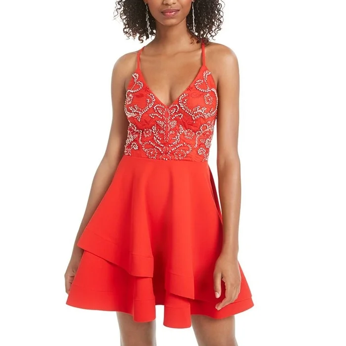 Minimalist Party Dress -B. Darlin Women's Beaded Spaghetti Strap V Neck Short a Line Cocktail Dress Red Size 1-2