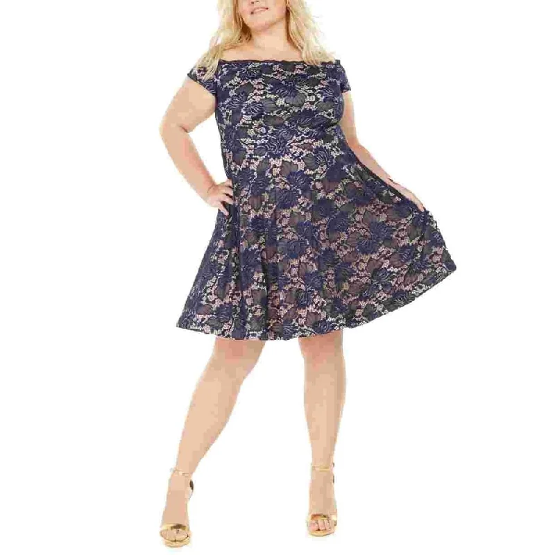 B Darlin Women's Embroidered Lace Floral Cap Sleeve Off Shoulder Above The Knee Fit + Flare Cocktail Dress Blue Size 22W