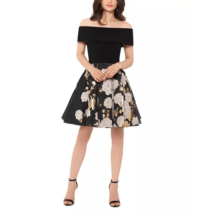 Brunch Party Dress for Daytime -Betsy & Adam Women's Off The Shoulder Cocktail Dress Charcoal Size 4