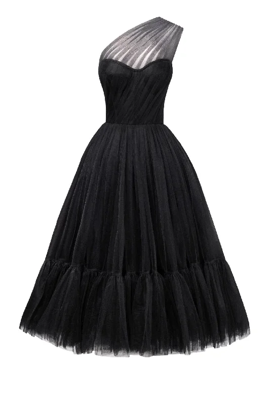 Ruffle-Front Party Dress -Black One-Shoulder Cocktail Tulle Dress