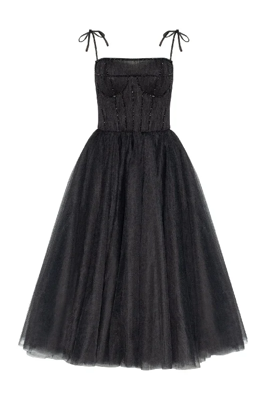 Deep V-Neck Party Dress for Drama -Black Tie-strap cocktail dress with the elegant corset embroidery