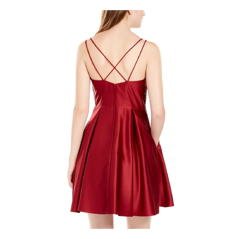 Split-Front Party Dress -Blondie Nites Women's Spaghetti Strap Square Neck Short Cocktail Fit Flare Dress Red Size 3