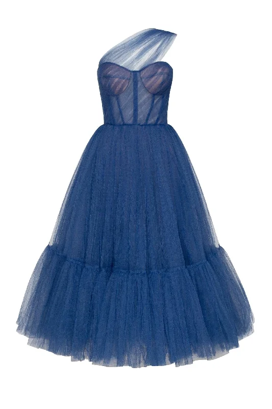 Scoop-Back Party Dress -Blue One-Shoulder Cocktail Tulle Dress