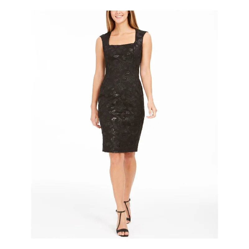 Club-Night Party Dress -Calvin Klein Women's Textured Floral Sleeveless Square Neck Above the Knee Body Con Cocktail Dress Black Size 8