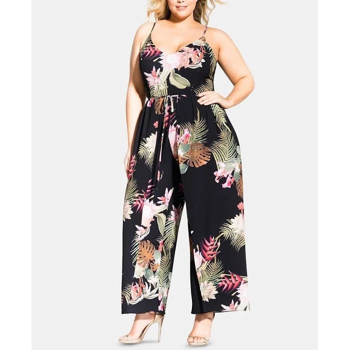 Scoop-Back Party Dress -City Chic Women's Zippered Racerback Floral Spaghetti Strap V Neck Cocktail Wide Leg Jumpsuit Black Size 18W