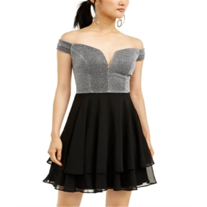 Coffee-Date Party Dress -City Triangles Women's Glitter Off Shoulder Short Cocktail Layered Dress Grey Size 3