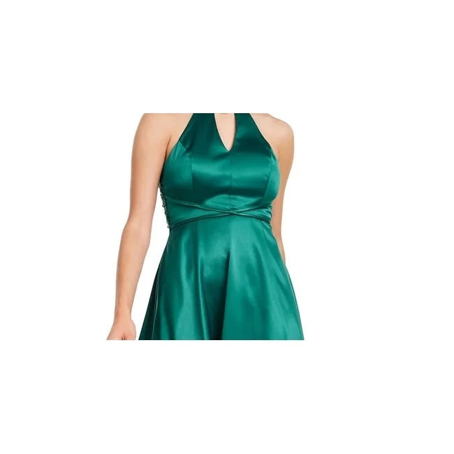 Evening-Chill Party Dress -Crystal Doll Women's Green Sleeveless Halter Tea Length Hi Lo Cocktail Dress Green Size 3