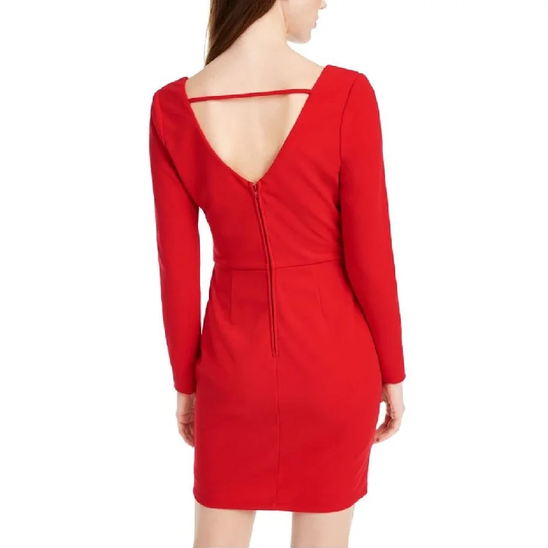 Button-Chill Party Dress -Crystal Doll Women's Long Sleeve Short Body Con Cocktail Dress Red Size 11