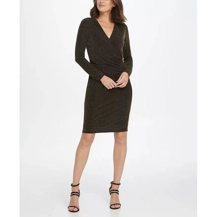 Fit-and-Flare Party Dress -DKNY Women's Gold Long Sleeve V Neck Above The Knee Sheath Cocktail Dress Grey Size 16