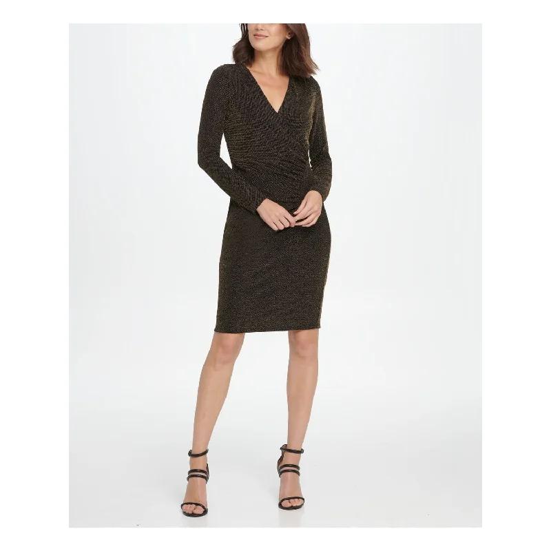 Light-Cotton Party Dress -DKNY Women's Long Sleeve Above the Knee Sheath Cocktail Dress Black/Gold Size 4