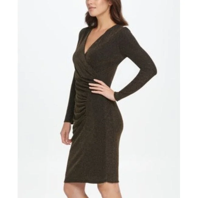 Dkny Women's Long Sleeve V Neck Above The Knee Sheath Cocktail Dress Black Size 6