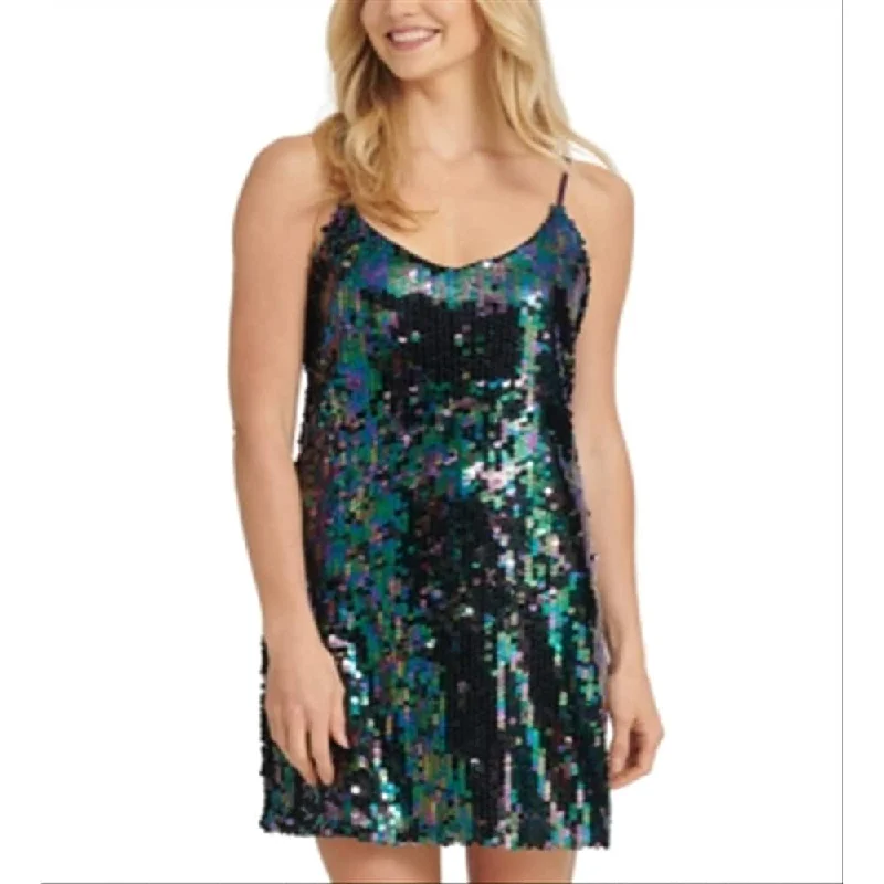 Flared-Skirt Party Dress for Movement -Dkny Women's Sequined Spaghetti Strap V Neck Short Cocktail Fit Flare Dress Green Size Medium