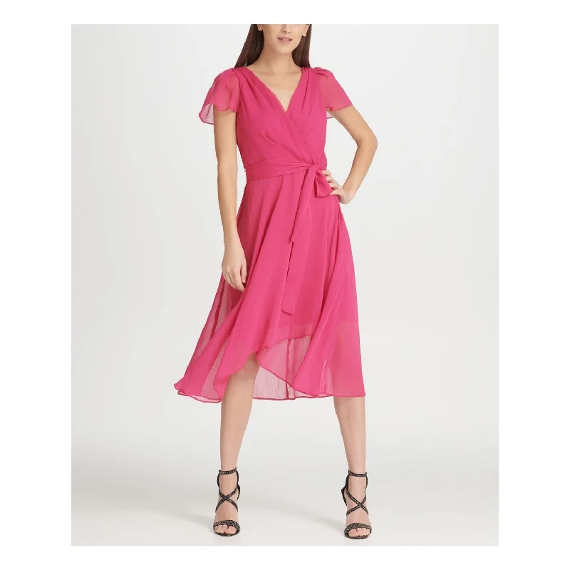 DKNY Women's Short Sleeve V Neck Tea Length Sheath Cocktail Dress Pink Size 4