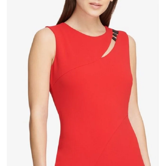 Side-Ruffle Party Dress -Dkny Women's Sleeveless Jewel Neck Above The Knee Sheath Cocktail Dress Red Size 16