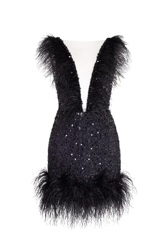 Cute-Silk Party Dress -Dramatic cocktail dress on straps decorated with sequins and feathers