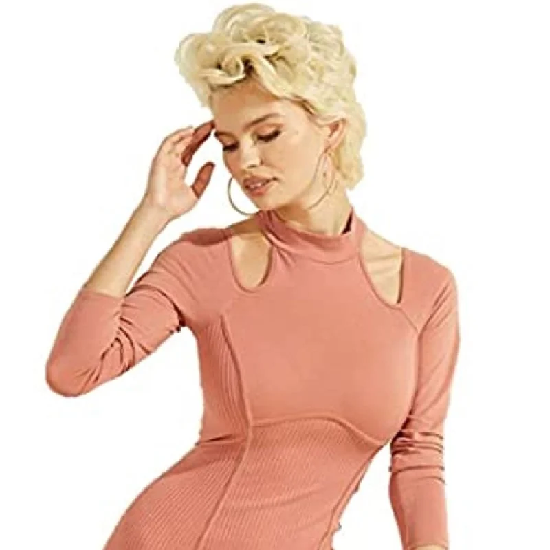 Beach-Picnic Party Dress -Guess Women's Coral Ribbed Mock Neck Short Cocktail Body Con Dress Pink Size X-Small