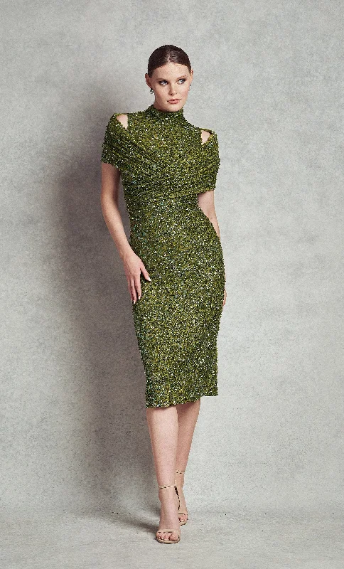 Satin Party Dress for Shine -Harper Cocktail with Wrap - Olive Green (V1-C10)