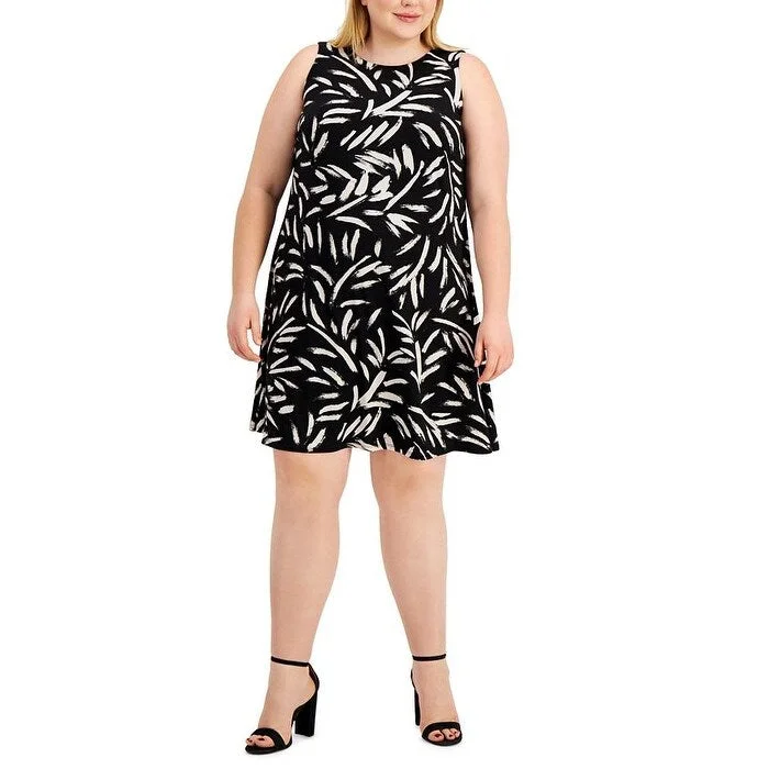 Kasper Women's Stretch Printed Sleeveless Round Neck Short Cocktail Shift Dress Black Size 3X