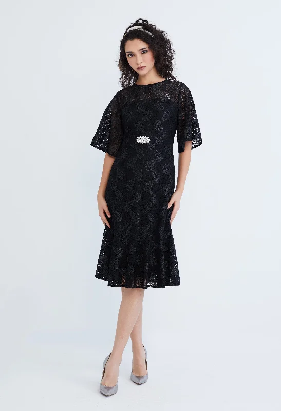 Lace Pearl Belted Cocktail Dress