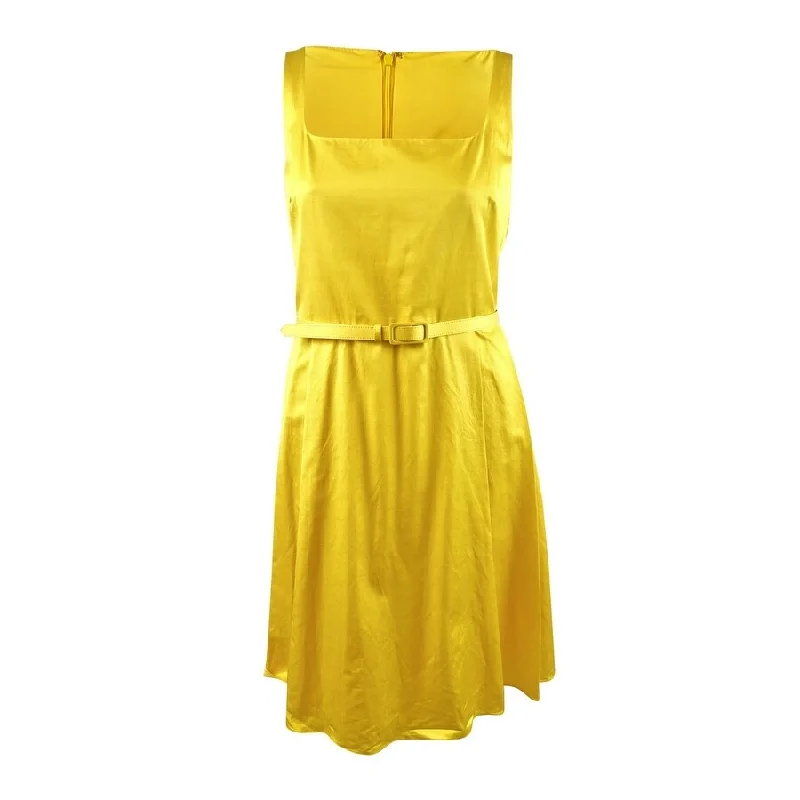 Flared-Skirt Party Dress for Movement -Lauren Ralph Lauren Women's Belted Sleeveless Cocktail Dress (16, Yellow)