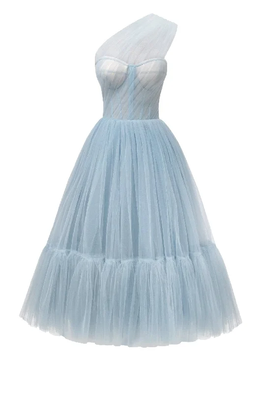 Bow-Edge Party Dress -Light Blue One-Shoulder Cocktail Tulle Dress