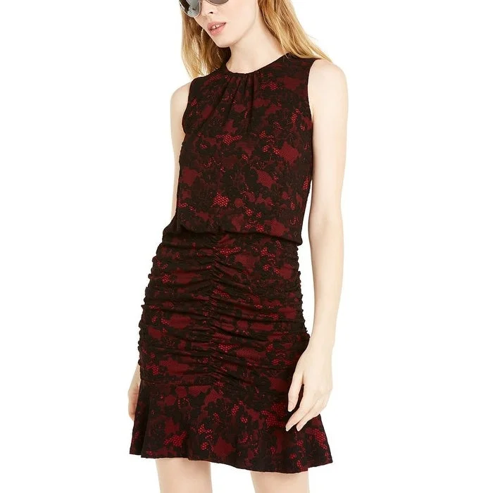 City-Party Party Dress -Michael Kors Women's Embroidered Lace Floral Sleeveless Jewel Neck Short Cocktail Dress Red Size X-Large