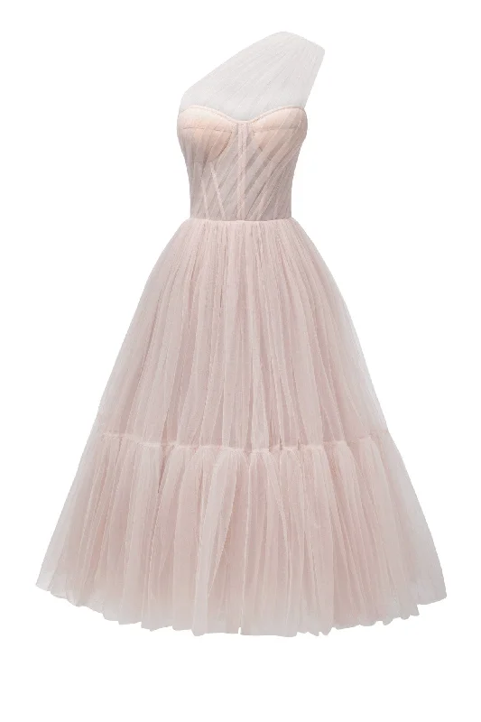 Flounce-Front Party Dress -Misty Rose One-Shoulder Cocktail Tulle Dress