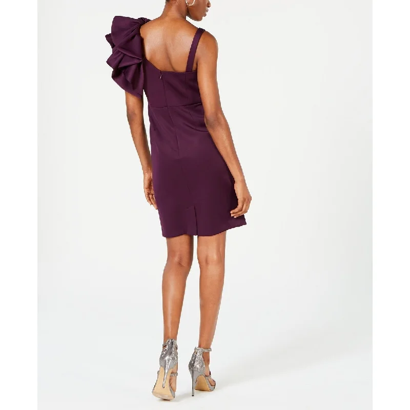 Day-Trip Party Dress -Nightway Women's Embellished Ruffled Sleeveless Asymmetrical Neckline Above The Knee Sheath Cocktail Dress Purple Size 8