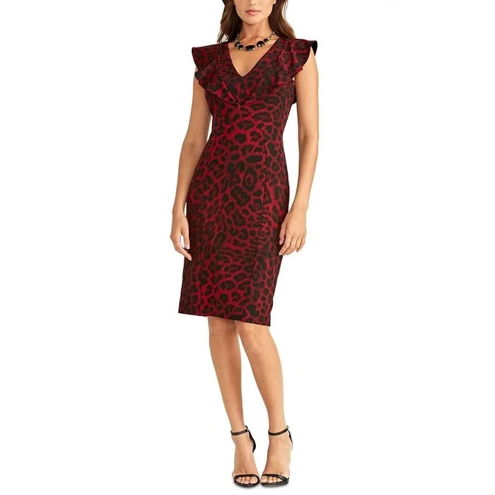 Crinkle Party Dress for Texture -Rachel Roy Women's Animal Print Petal Sleeve V Neck Knee Length Body Con Cocktail Dress Red Size Small