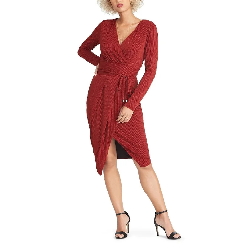 Rachel Roy Women's Glitter Belted Long Sleeve V Neck Knee Length Faux Wrap Cocktail Dress Red Size Xx-Large