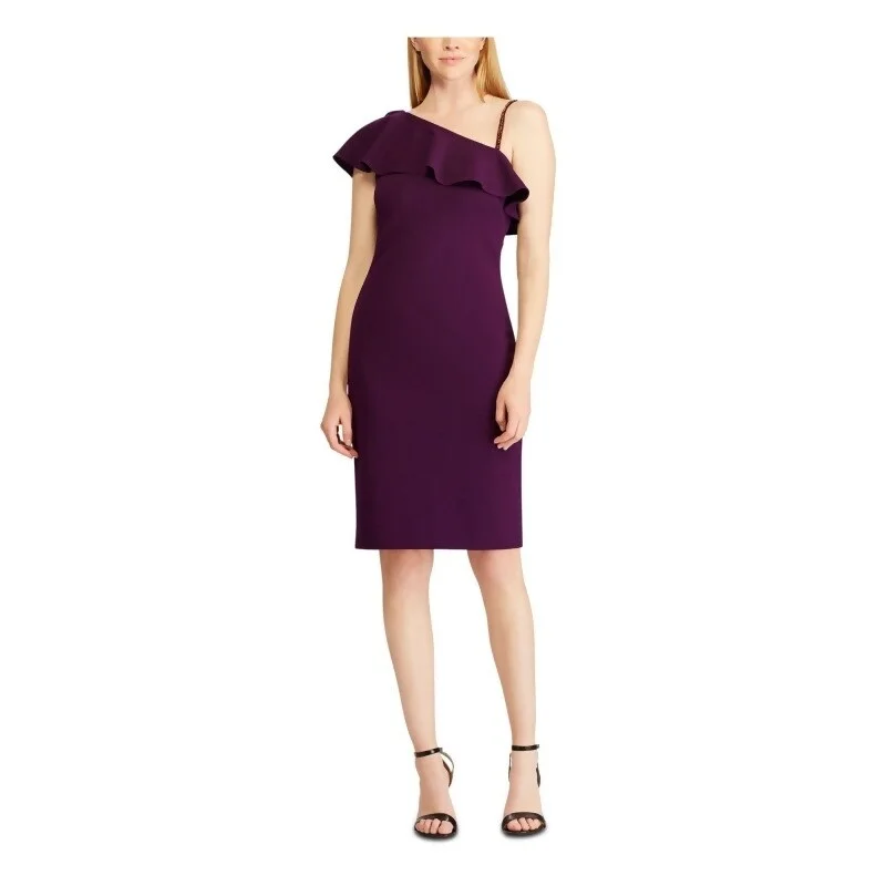 Fall-Brunch Party Dress -Ralph Lauren Women's Embellished Short Sleeve Asymmetrical Neckline Short Sheath Cocktail Dress Purple Size 14