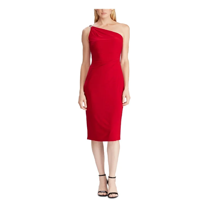 Ralph Lauren Women's Embellished Sleeveless Asymmetrical Neckline Below The Knee Body Con Cocktail Dress Red Size 10