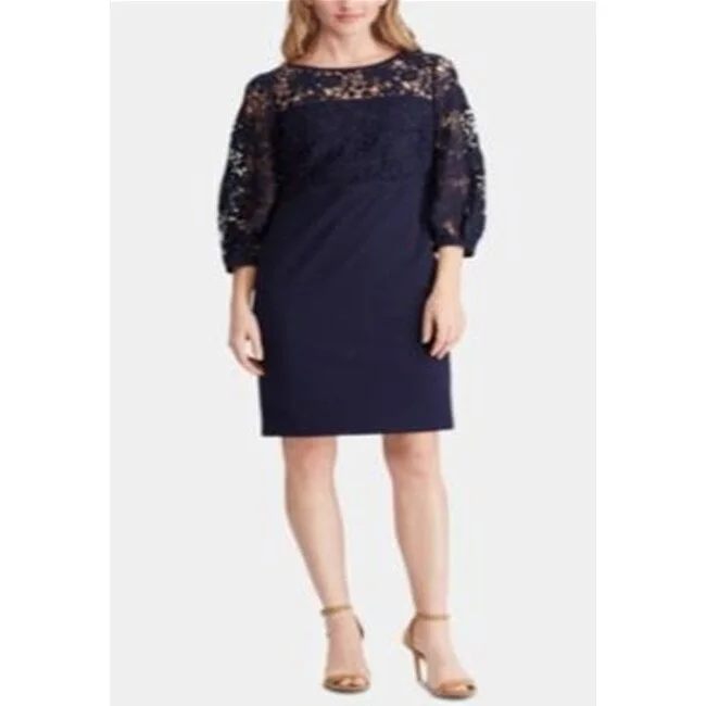 Sparkly Party Dress for Nights -Ralph Lauren Women's Lace Zippered 3/4 Sleeve Jewel Neck Above The Knee Sheath Cocktail Dress Blue Size 4