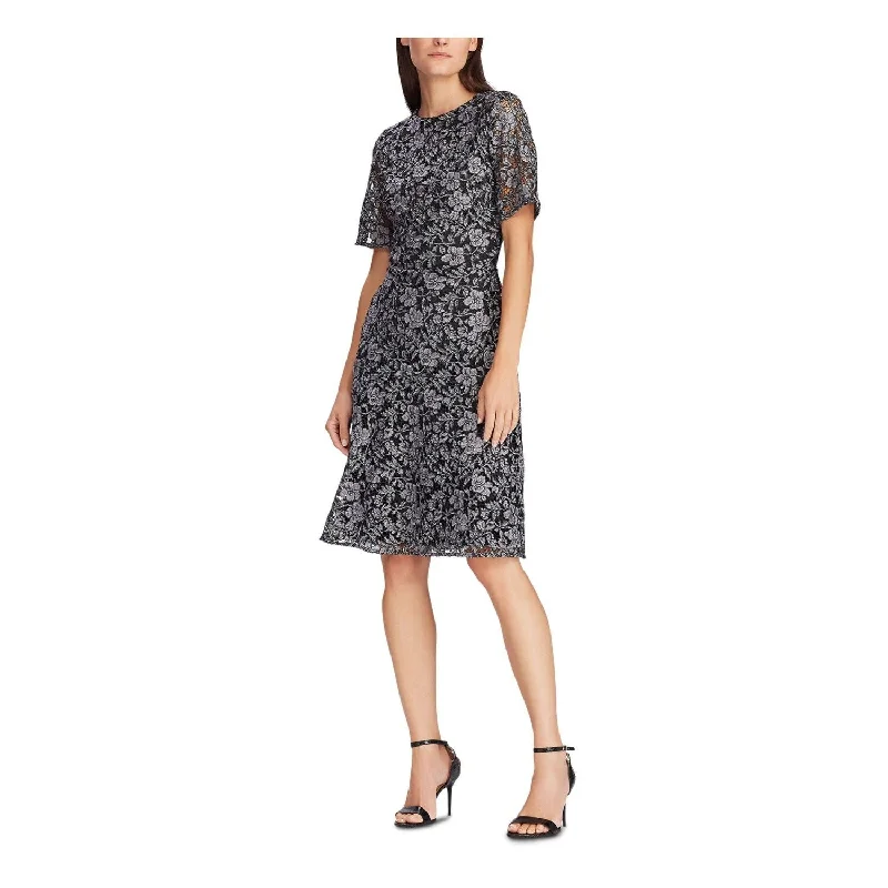 Breezy Party Dress for Comfort -Ralph Lauren Women's Lace Zippered Floral Bell Sleeve Jewel Neck Knee Length Fit Flare Cocktail Dress Gray Size 2