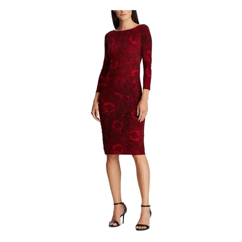 Ralph Lauren Women's Red Paisley 3/4 Sleeve Jewel Neck Knee Length Sheath Cocktail Dress Red Size 14