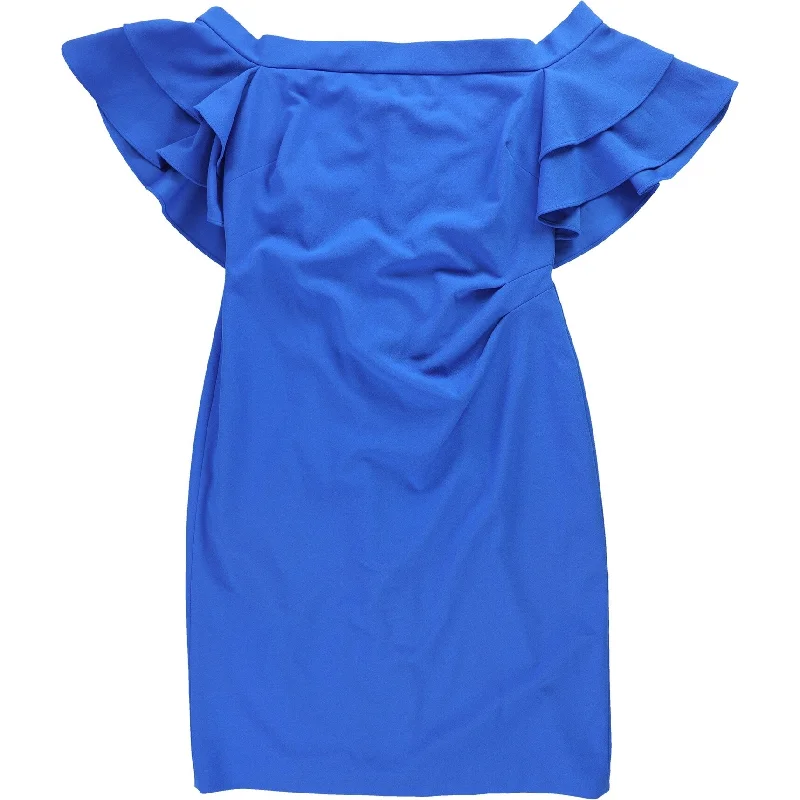 Ralph Lauren Womens Ruffle Cocktail Off-Shoulder Dress, Blue, 12