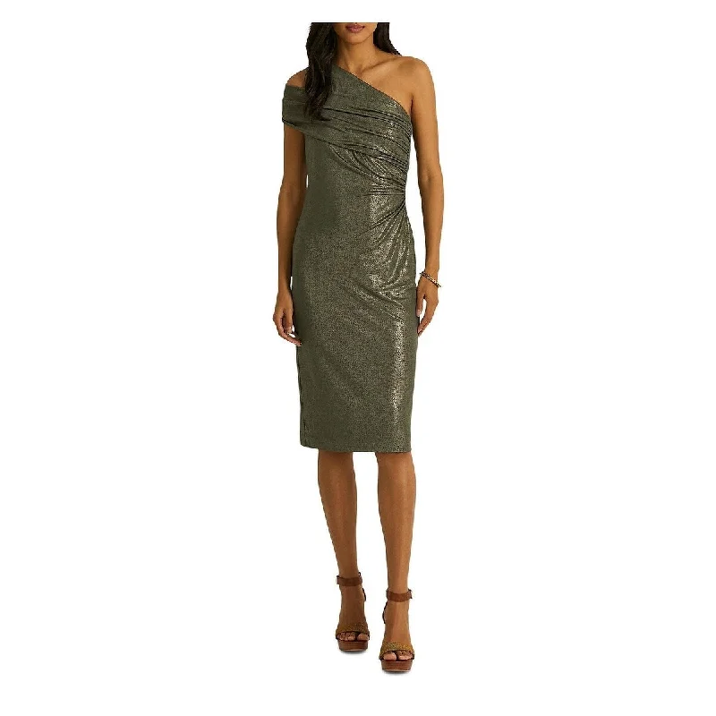 Ralph Lauren Women's Zippered Slitted Double Strap Detail Shirred Asymmetrical Neckline Cocktail Dress Green Size 12