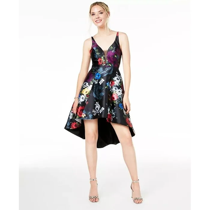 Plush-Cotton Party Dress -Sequin Hearts Women's Floral Print High/Low Mikado Cocktail Dress Black Red Size 1