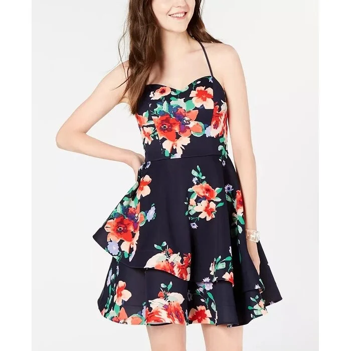 Friend-Date Party Dress -Sequin Hearts Women's Floral Print Ruffled Cocktail Dress Red Size 13