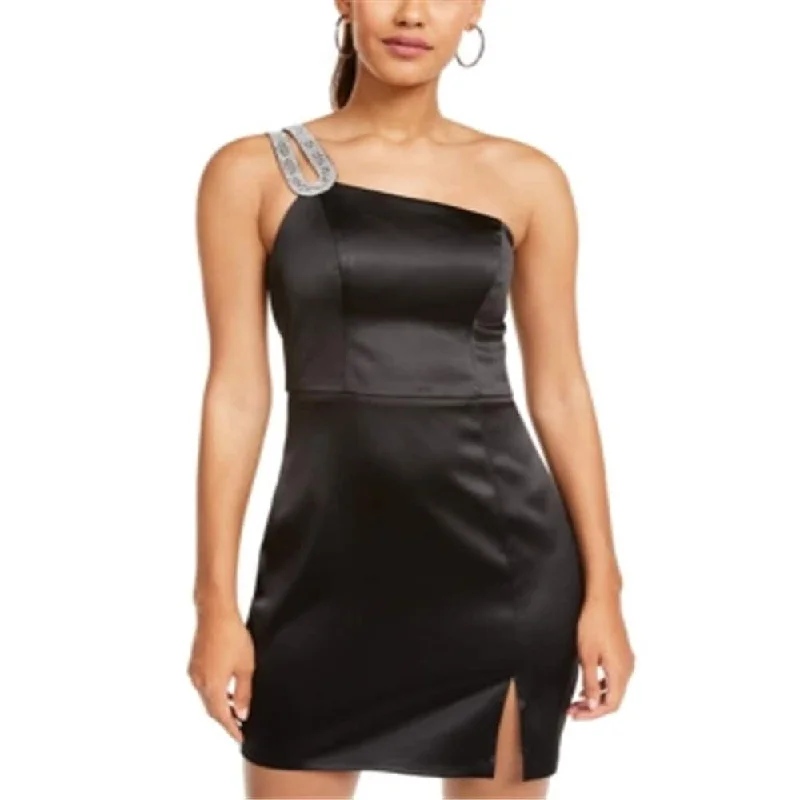 Sequin Hearts Women's Satin Embellished Zippered Sleeveless Asymmetrical Neckline Short Cocktail Sheath Dress Black Size 11