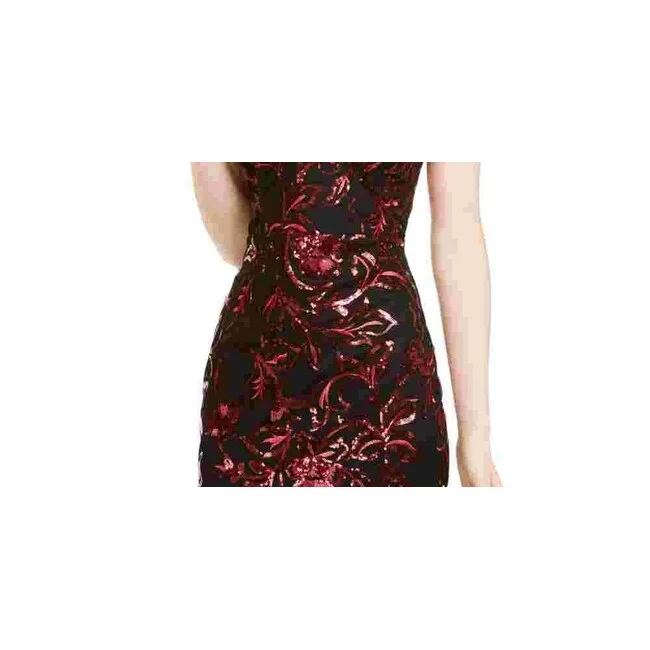 Dance-Club Party Dress -Sequin Hearts Women's Sequined Printed Sleeveless V Neck Short Body Con Cocktail Dress Black Red Size 7