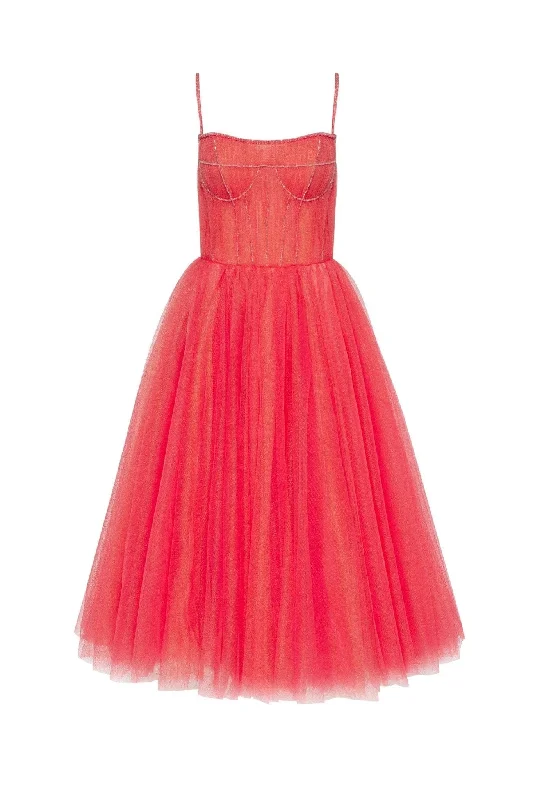 Coral Tie-strap cocktail dress with the elegant corset embroidery