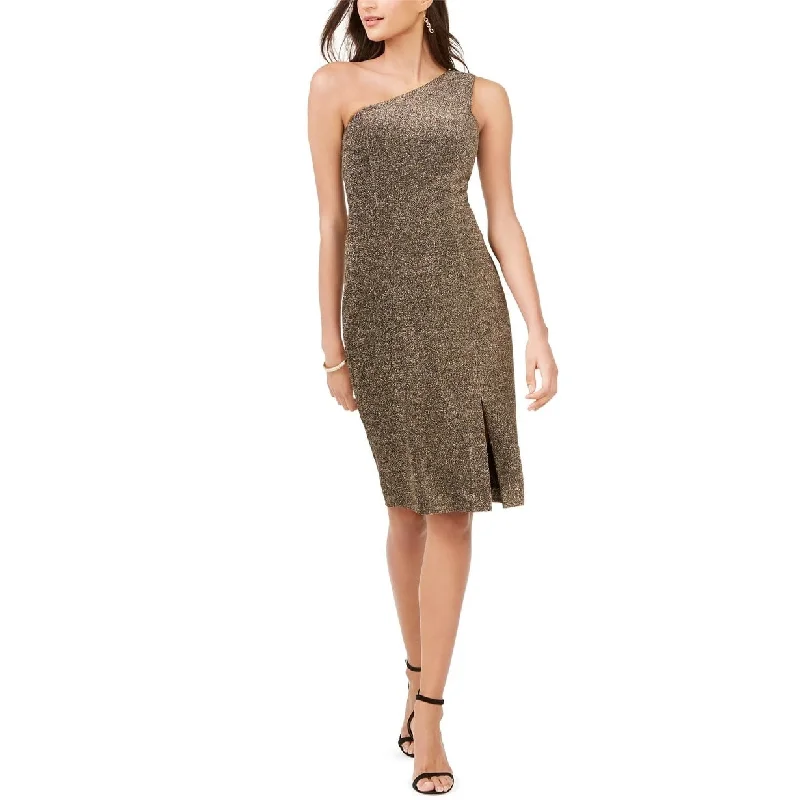 Holiday Party Dress for Festivities -Vince Camuto Women's Sleeveless Asymmetrical Neckline Knee Length Sheath Cocktail Dress Gold Size 2