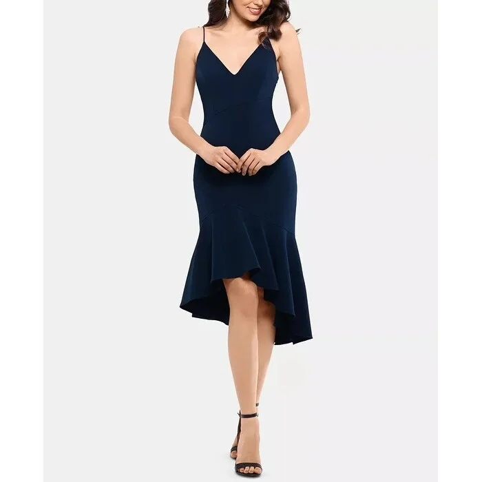 Linen Party Dress for Comfort -XSCAPE Women's Asymmetric Ruffled Cocktail Dress Navy Size 6