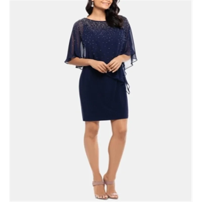 Xscape Women's Chiffon Overlay Studded Cocktail Dress Blue Size 4