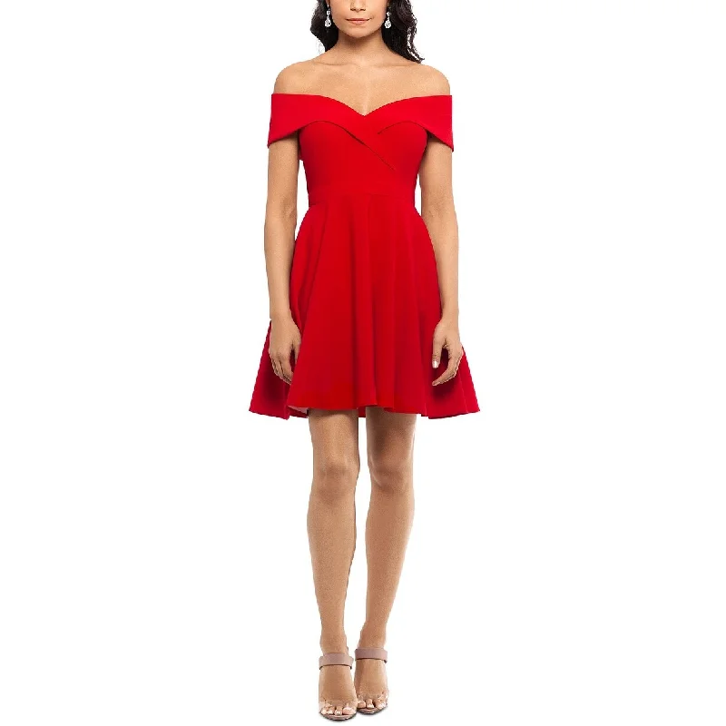 Plush Party Dress for Comfort -Xscape Women's Off The Shoulder Cocktail Dress Red Size 14