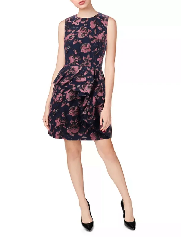 Day-Chill Party Dress -4 - vince camuto navy floral jacquard ruffle cocktail dress