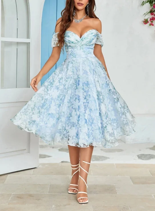 A-Line Blue Party Dress Off The Shoulder Printed Blue Tea-Length Cocktail Dress